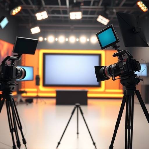 Estüdio de televisão moderno com câmeras e iluminaäão.